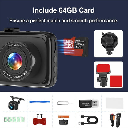 Caméra embarquée avant et arrière 1080P – Dash cam double pour voiture avec carte 64 Go incluse,