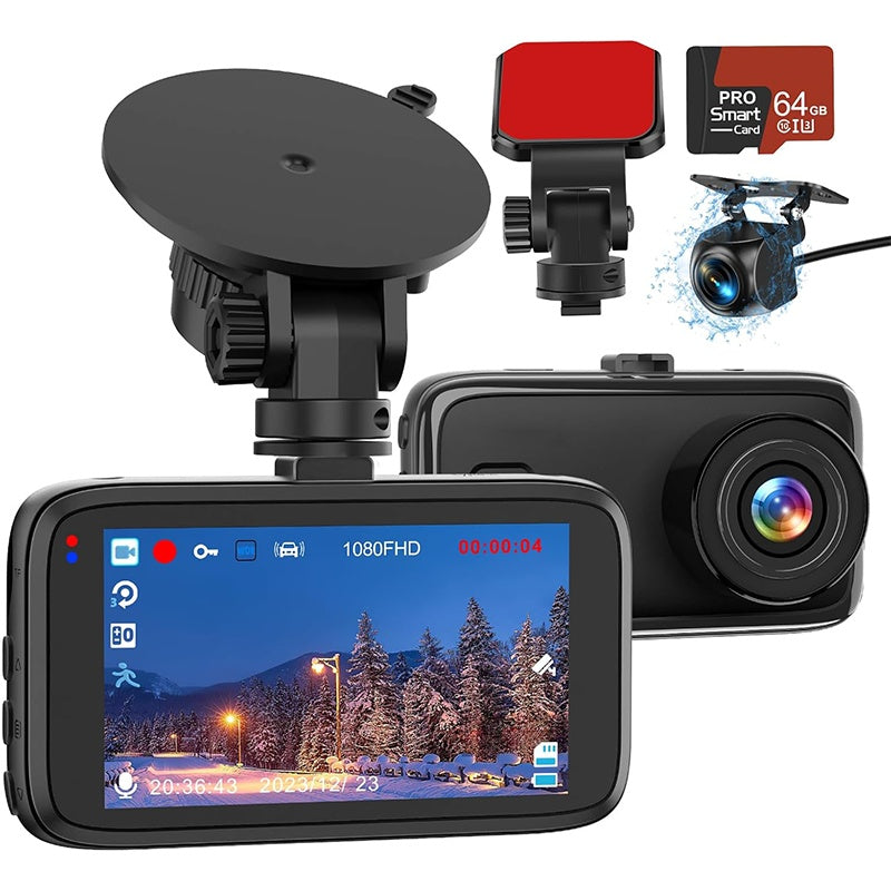 Caméra embarquée avant et arrière 1080P – Dash cam double pour voiture avec carte 64 Go incluse,